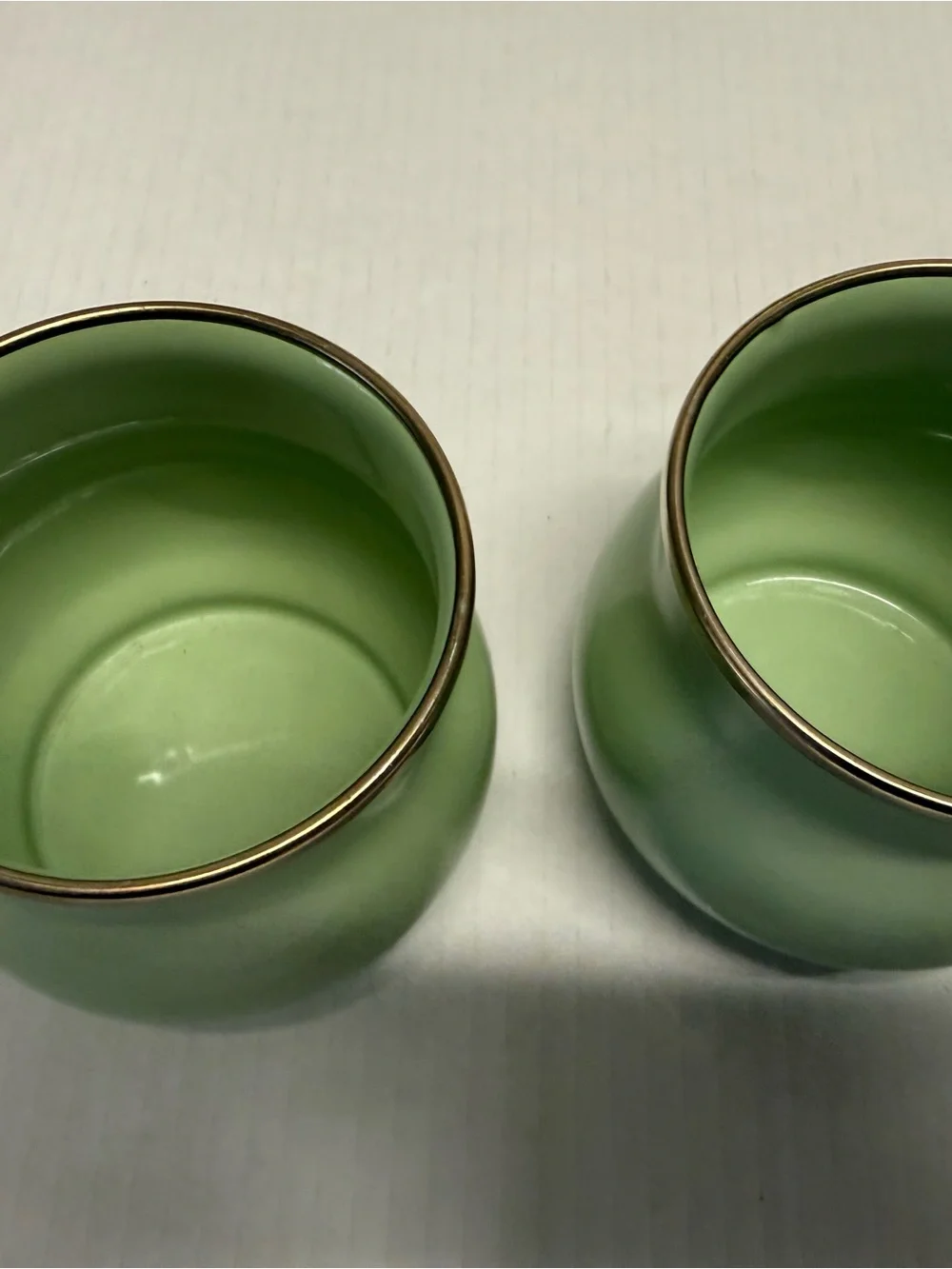 Pair of Green Ceramic Vases with Brass Rim